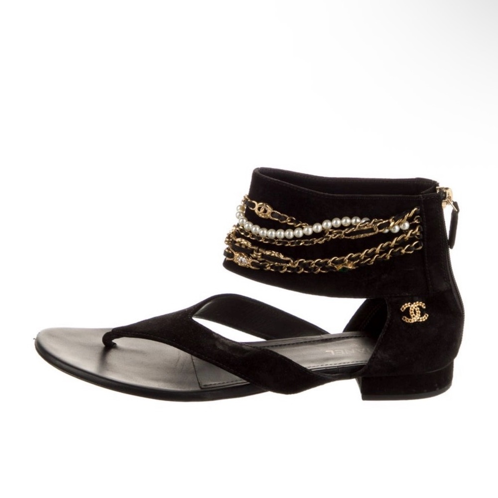 CHANEL Black Sandals with Gold and Silver Chains